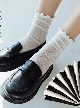 棉纱网眼堆堆袜女夏季超薄透气镂空女士袜日系花纹中筒黑白棉丝袜
