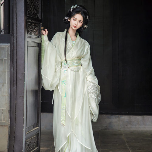 原创霁月兰汉服女中国风仙气外直裾里直裾腰封吊带襦裙套装9054