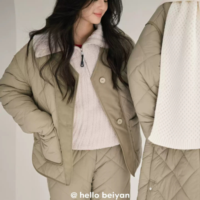 贝妍新款夹棉睡衣女冬季加厚保暖V领家居服加绒棉袄大码休闲套装