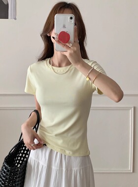 元熙夏季修身显瘦短袖打底上衣 韩版百搭正肩白色圆领短袖t恤女