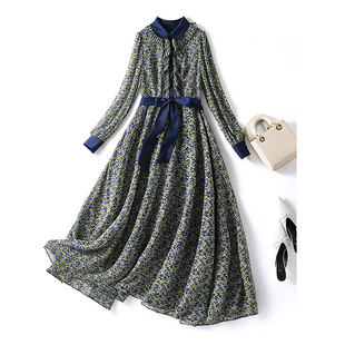 名媛风长袖 2024新款 显瘦减龄系带长裙 碎花连衣裙女秋装 高级感时尚