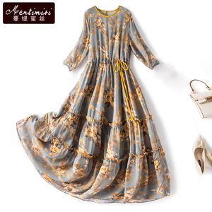 大码雪纺连衣裙女夏装2026年新款高端收腰显瘦长款过膝印花长裙子