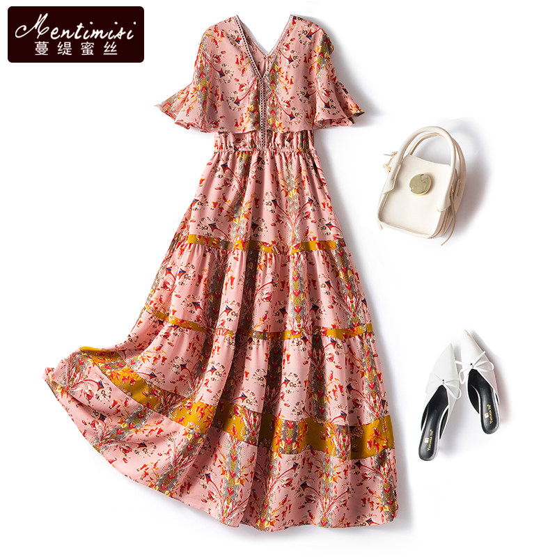 大码印花雪纺邹连衣裙夏装2024年新款显瘦气质v领名媛过膝长裙子,女装/女士精品,大码连衣裙,淘宝优惠券,粉丝福利购,淘宝优惠卷