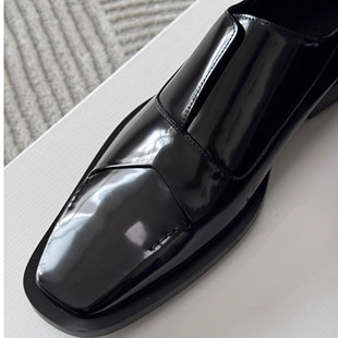 厚底方头皮鞋男欧美风漆皮扁头半开口一脚蹬拼接男士通勤休闲单鞋