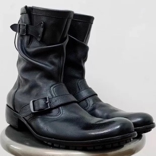 日系古着牛皮靴黑色中筒工装靴手工牛皮套筒机车靴工程师靴切尔西