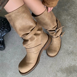 韩版nt3同款卡其色女皮带扣堆堆靴粗跟中筒靴西部废土风做旧中筒