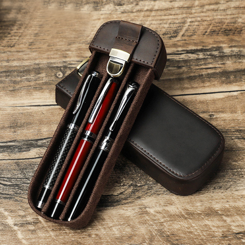 复古疯马头层牛皮笔袋手工制作锁扣抽屉式办公旅行3支钢笔收纳盒,文具电教/文化用品/商务用品,笔袋,淘宝优惠券,粉丝福利购,淘宝优惠卷