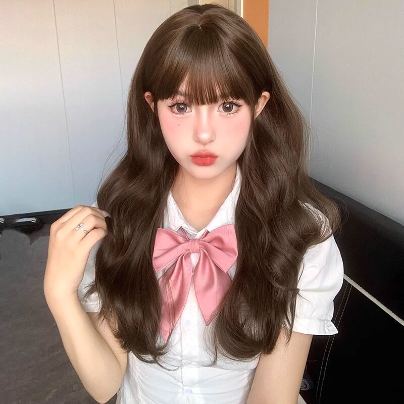 假发女全头套长发甜美可爱刘海冷棕色逼真辣妹仿真自然波浪卷真人