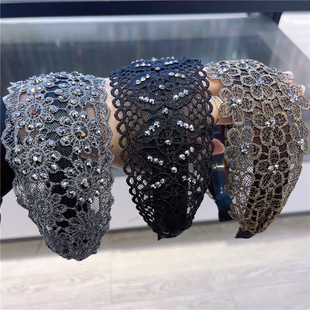 宽边发箍镶钻水钻韩国遮白发头寇蕾丝发带压发卡时尚 气质布艺发卡