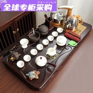 日本购手工荷韵莲莲黑檀木茶盘四合一功夫茶具家用商务套装