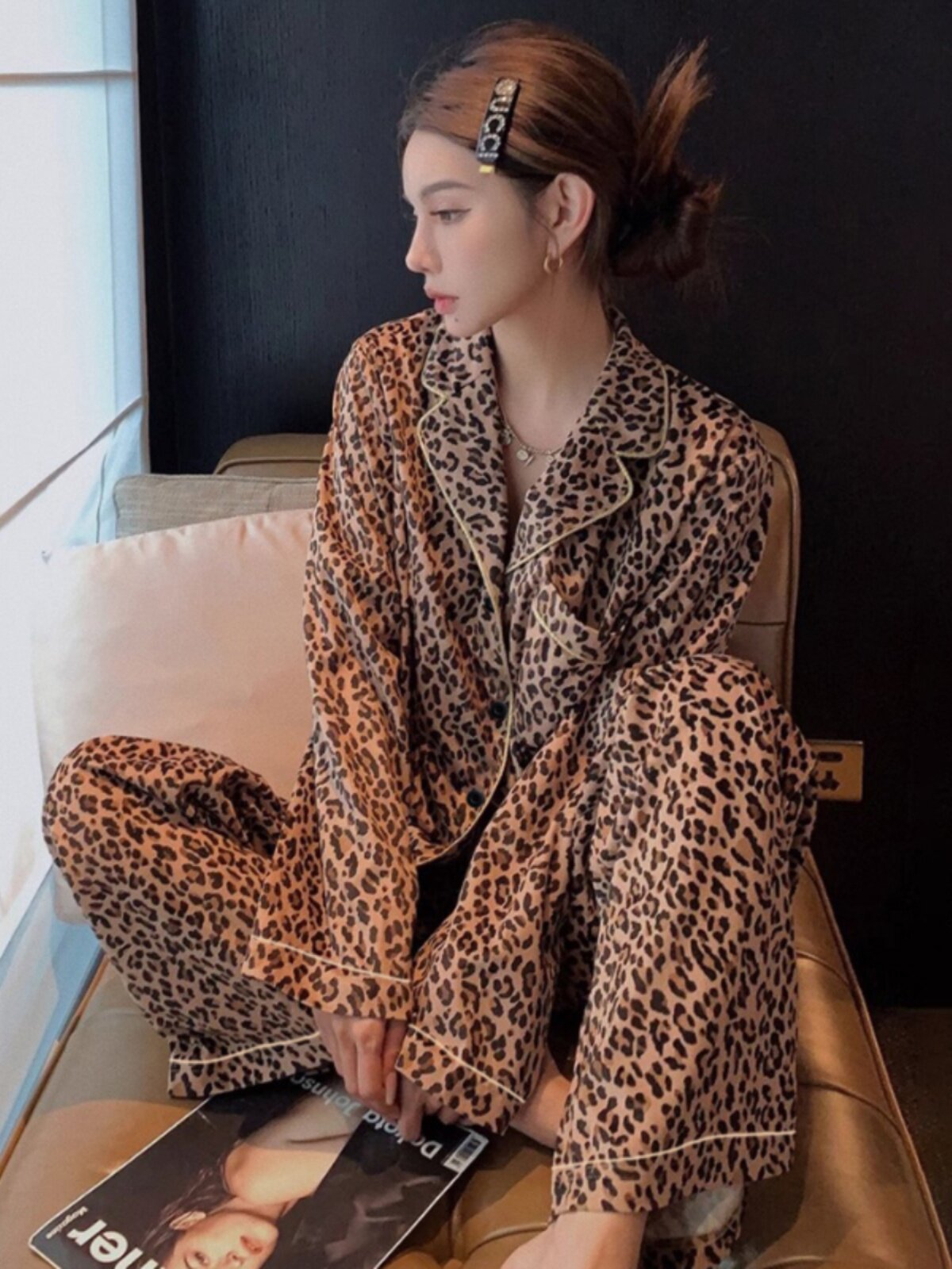PAJAMAS WOMENS SPRING AND AUTUMN STYLE 2024 NEW LONG SLEEVE COTTON PLUS SIZE SUMMER LEOPARD PRINT AUTUMN WINTER LOUNGEWEAR SET