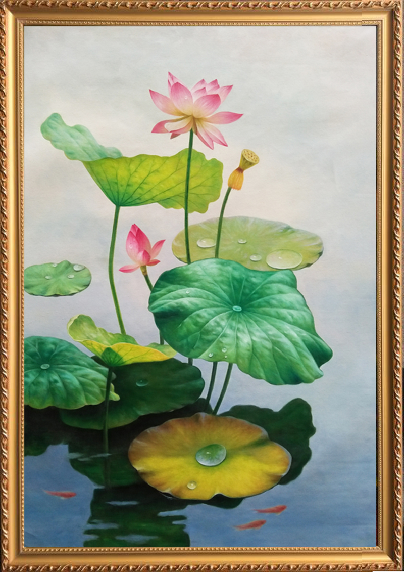 纯手工写实现货油画装饰客厅酒店餐厅玄关书房图荷花鲤鱼九鱼图图片