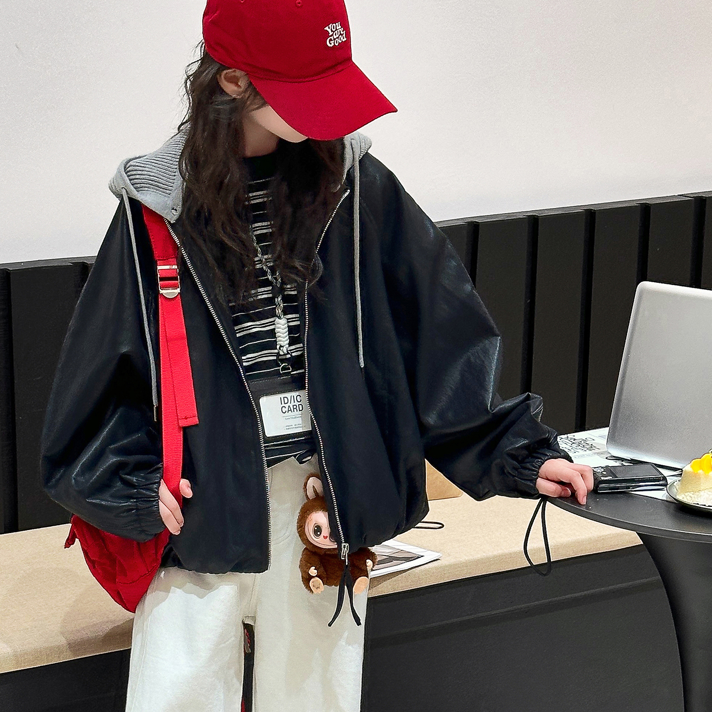 女童春秋款连帽皮衣中大童女孩秋季时髦宽松休闲百搭PU皮外套夹克