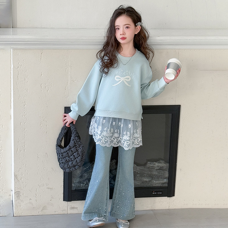 女大童春装卫衣套装春季时髦牛仔喇叭裤2025新款女孩韩范春秋款潮,女装/女士精品,时尚套装,淘宝优惠券,粉丝福利购,淘宝优惠卷