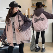 女大童加棉加厚连帽外套2025冬季 女孩撞色宽松夹克棒球服上衣 新款