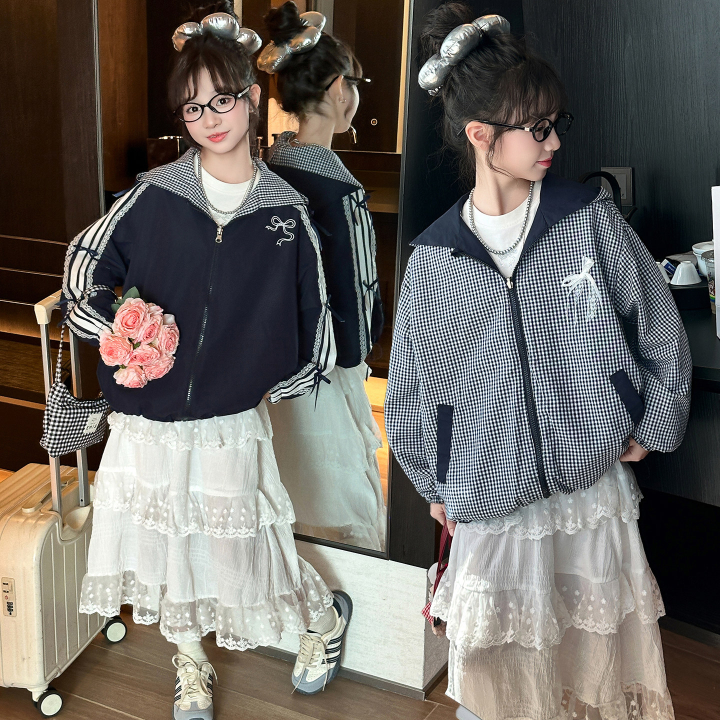 女童外套春装两面穿2026新款春秋大童洋气秋季女孩时髦开衫上衣潮