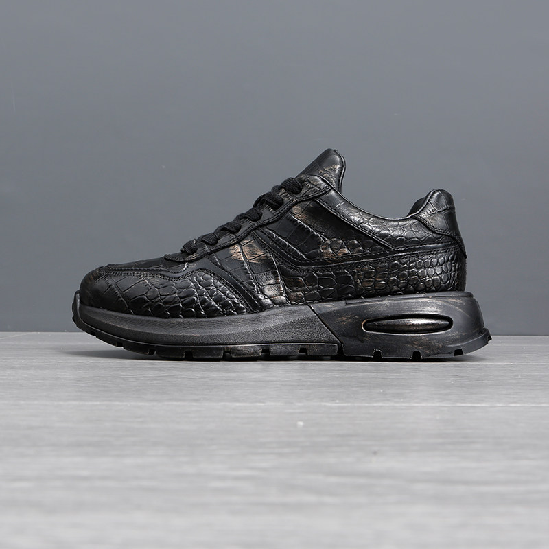 黑金色手工擦色男鞋秋冬潮品鳄鱼纹压花头层牛皮运动休闲鞋男