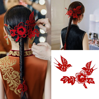 国风剪纸新娘头饰新中式红色喜字发簪头花喜鹊旗袍发饰晨袍敬酒