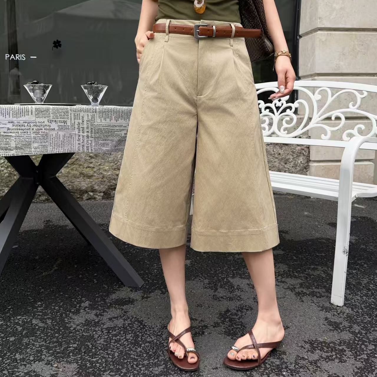 多口袋薄款中腰休闲裤六分裤女