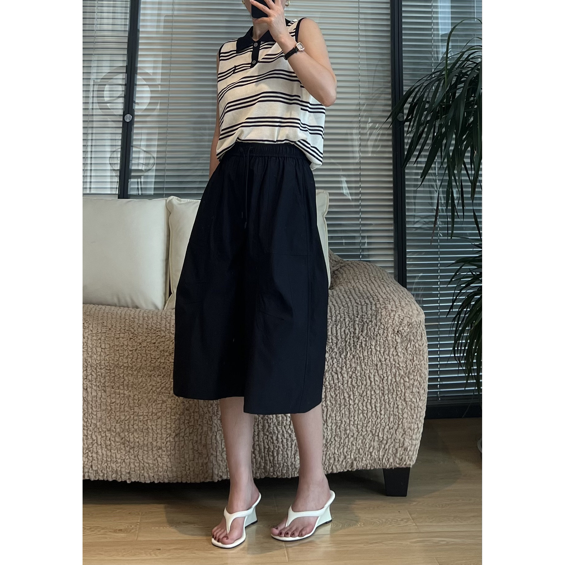 夏季高腰阔腿七分显瘦薄款女裤