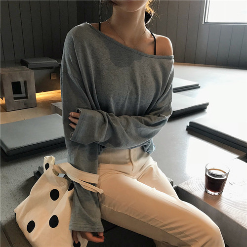 Quality Inspection ~Real Price Loose One-Character Shoulder Pure Color Bottom Long Sleeve T-shirt