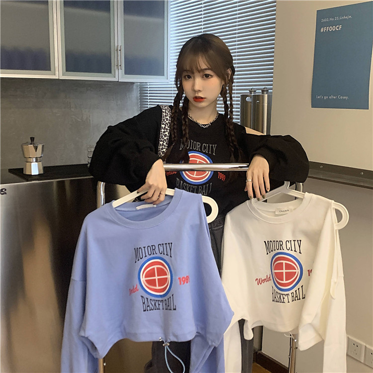 Off the shoulder printed drawstring sweater