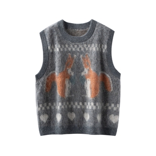山羊绒拉绒小松鼠提花针织马甲女无袖圆领叠穿背心百搭
