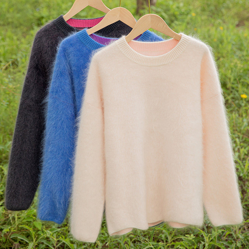 山羊绒衫女圆领宽松加厚拉绒毛衣慵懒风长袖套头衫百搭,女装/女士精品,羊绒衫,淘宝优惠券,粉丝福利购,淘宝优惠卷