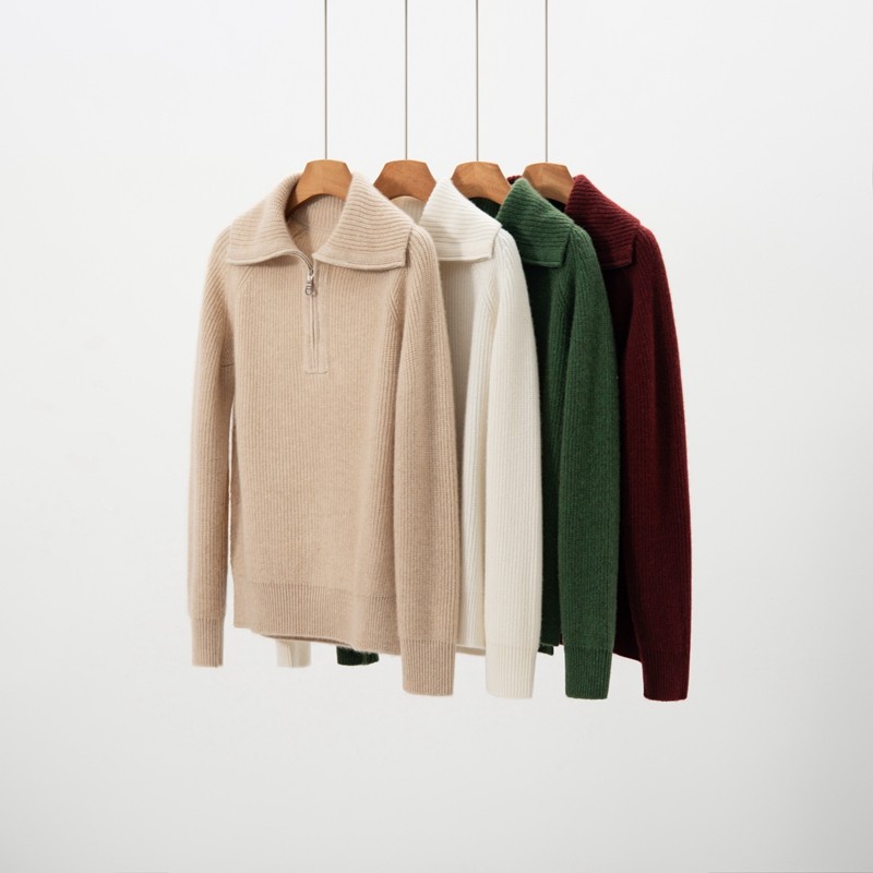 山羊绒衫女下摆开叉翻领半拉链针织套头毛衣百搭通勤风长袖上衣,女装/女士精品,羊绒衫,淘宝优惠券,粉丝福利购,淘宝优惠卷