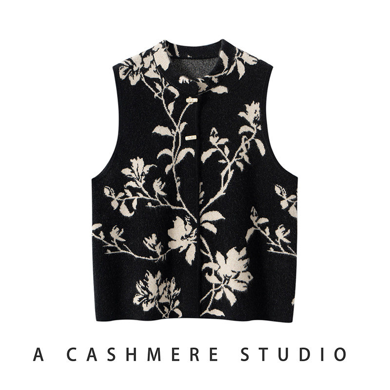 山羊绒女圆领无袖提花针织芝麻点马甲开衫黑色复古气质背心,女装/女士精品,羊绒衫,淘宝优惠券,粉丝福利购,淘宝优惠卷