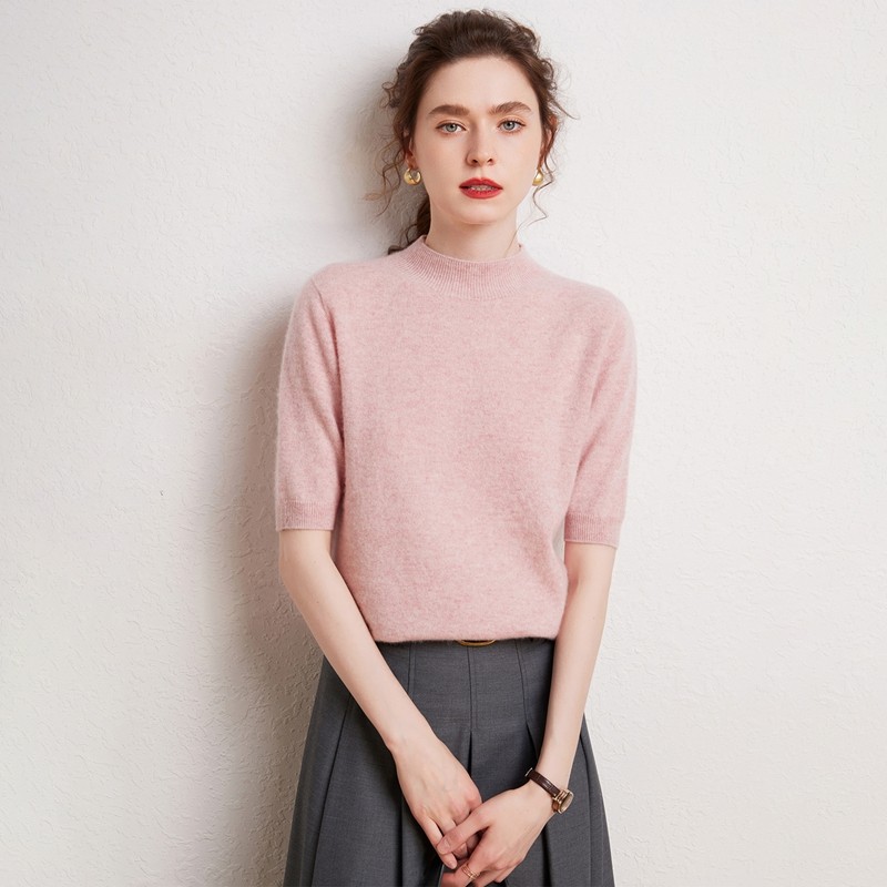 通勤风半高领小山羊绒衫女短袖针织衫粉色百搭显瘦毛衣百搭,女装/女士精品,羊绒衫,淘宝优惠券,粉丝福利购,淘宝优惠卷