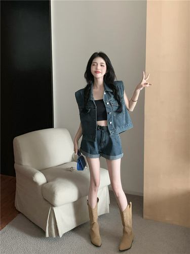 Actual shot of spring and summer fashion new style lapel sleeveless vest versatile denim shorts two-piece suit for women