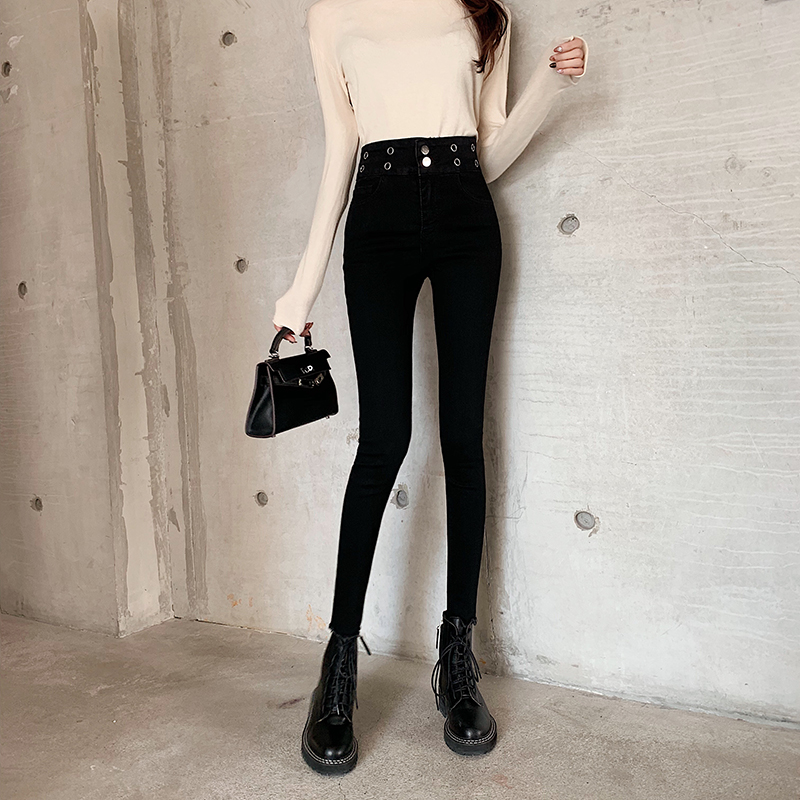 Real price! High waist elastic versatile jeans chic fashion show thin pencil pants trend