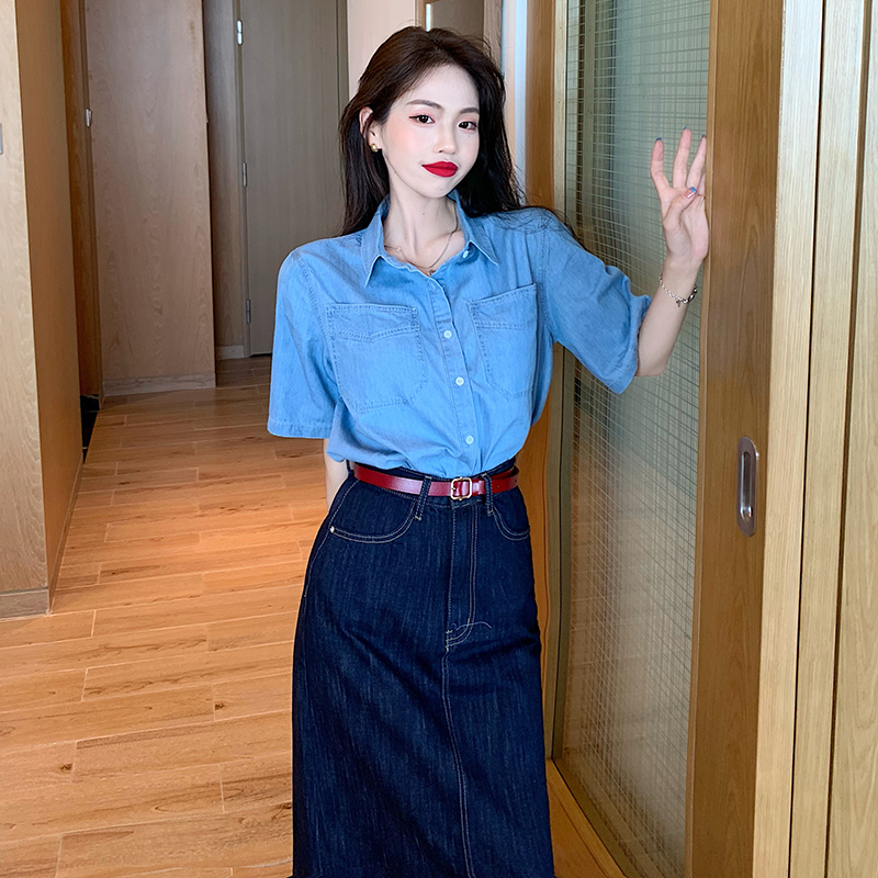 Real price! Retro Hong Kong style trendy shirt women's basic versatile solid color imitation denim shirt fashion