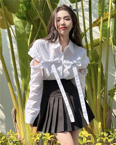 Real shot real price Korean version bowknot casual white shirt women's high waist slim pleated skirt suit