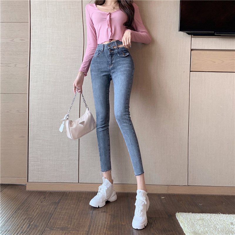 Real price! Fashion chic small sexy high waist hollow out pants versatile stretch slim jeans