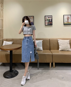 RM10716#韩版毛边开叉半身裙显高搭配炸街轻熟A字裙