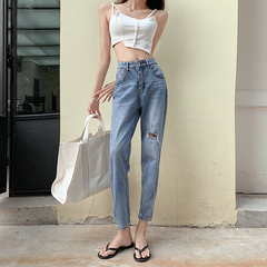 Real price retro Korean high waisted jeans with holes#