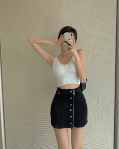 RM17972#韩版单排扣拉链高腰显瘦包臀裙牛仔半身裙短裙女裙