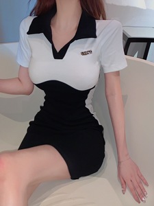 RM4333#复古撞色拼接设计显瘦开叉短袖连衣裙