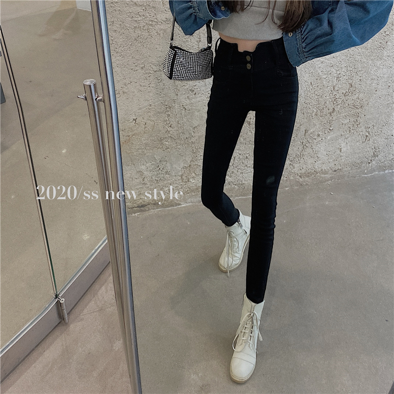 Real price! Korean version of minority design elastic pants women's high waist slim retro jeans fashion