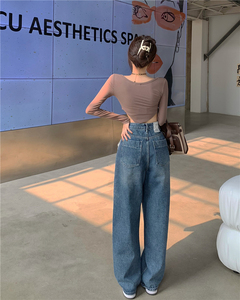 RM22022#高腰阔腿裤女明线拼接拖地长裤港风宽松直筒牛仔裤