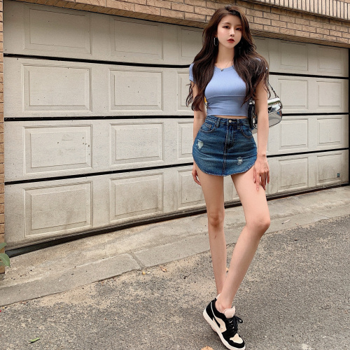 Real shot mini anti-exposure high-waisted arm-wrapped denim skirt ins hot girl pants skirt trendy