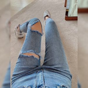 RM14648#韩版复古高腰弹力紧身裤百搭ins个性破洞牛仔裤