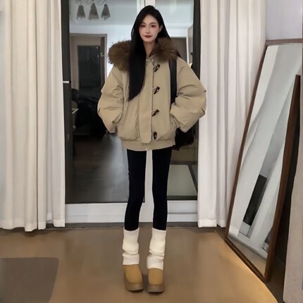 羽绒棉服女2026新款冬季大毛领派克服加厚棉衣复古牛角扣棉袄外套