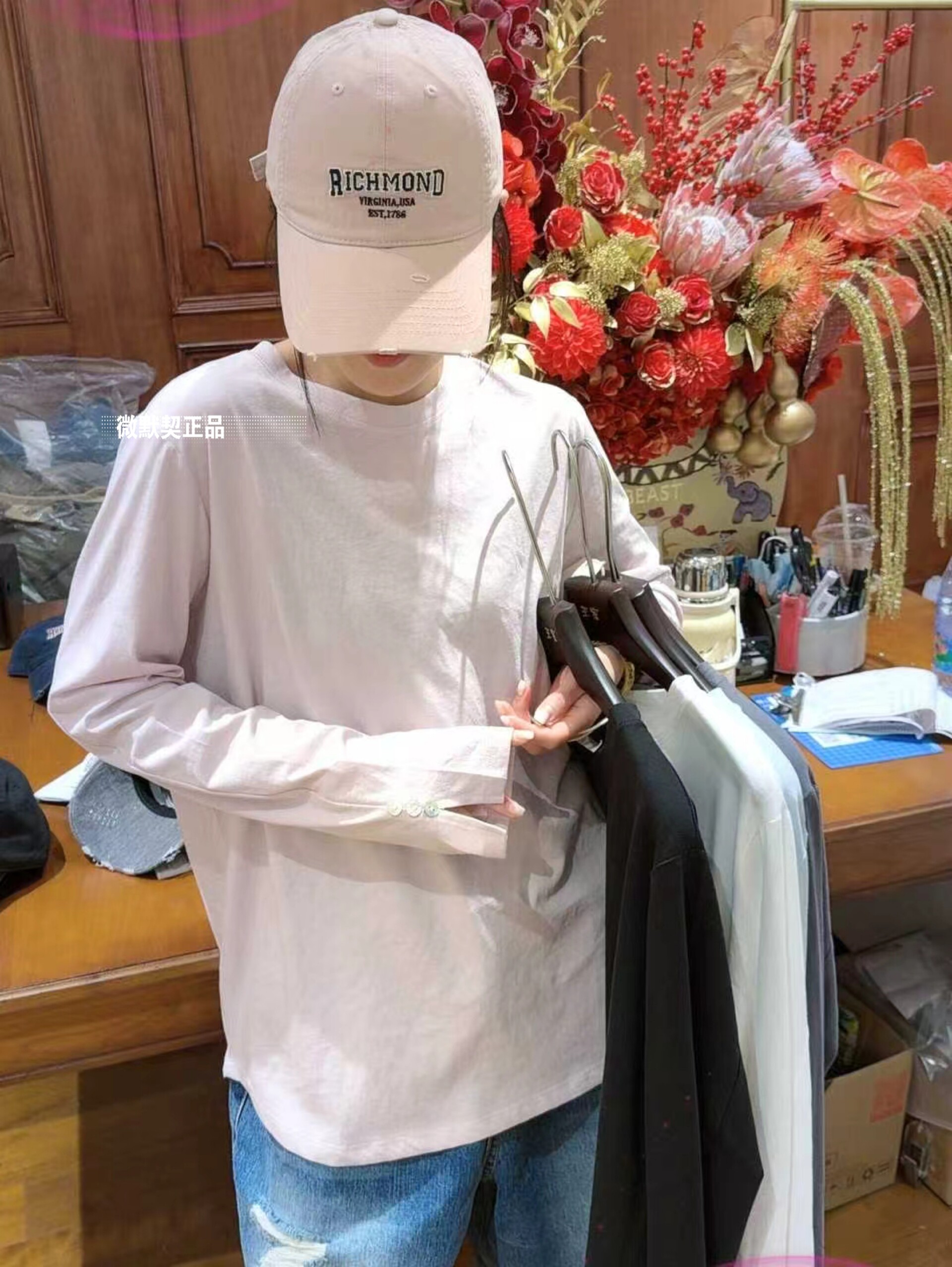 微默契正品JEANSWANG袖扣宽松长袖面膜圆领T恤502693