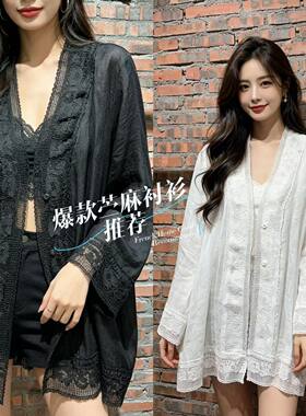 现货微默契正品JEANSWANG蕾丝苎麻拼接防晒宽松短外套