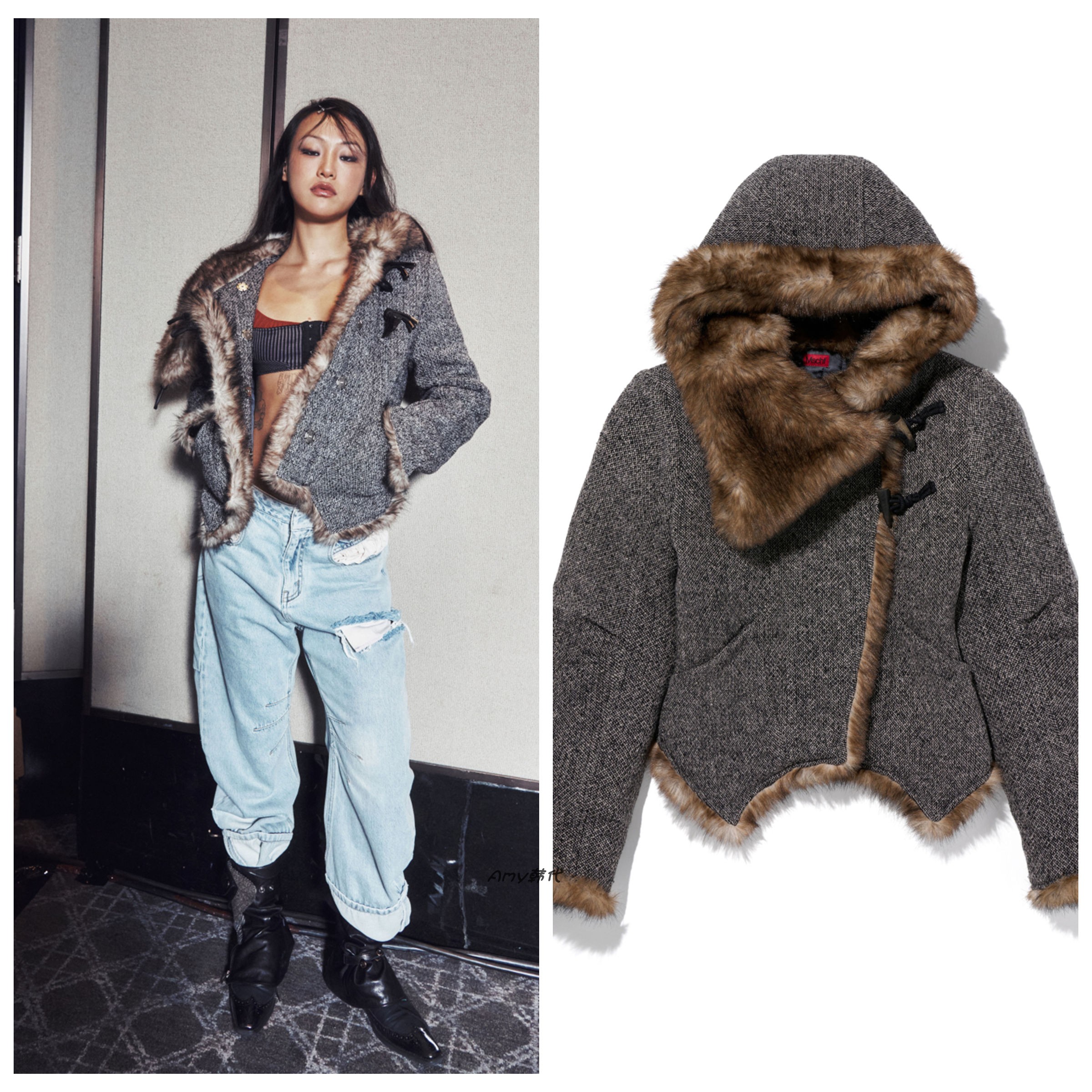 25秋冬Amy韩国代购 mschf 人造毛皮 VESPER 连帽夹克外套