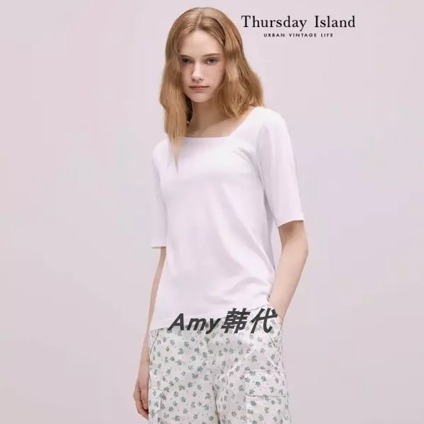 国内现货Amy韩国代购[Thursday Island]斜肩领纯棉T恤T244MTS233W