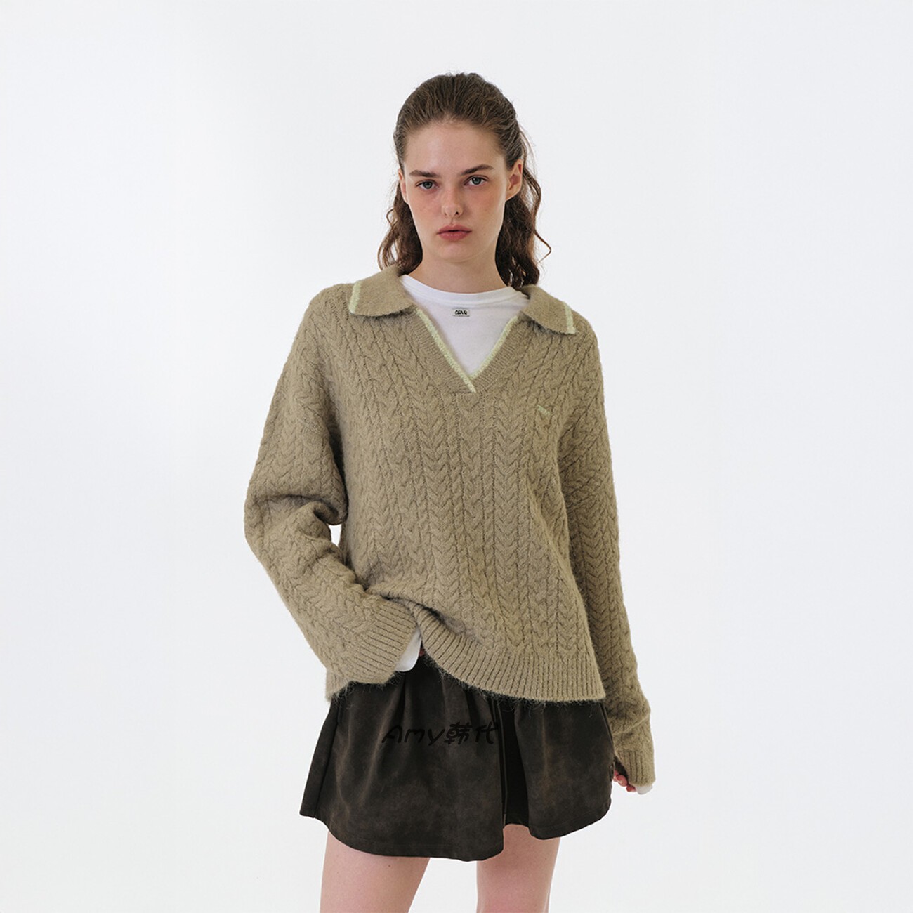Amy韩国代购GROVE 25FW麻花辫V领毛衣针织衫ALMA COLLAR KNIT